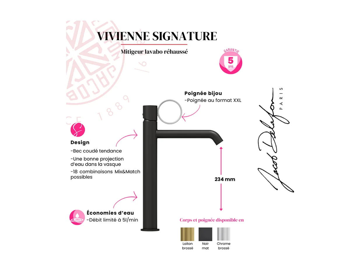 Mitigeur lavabo haut JACOB DELAFON Vivienne noir mat avec bague noire mate