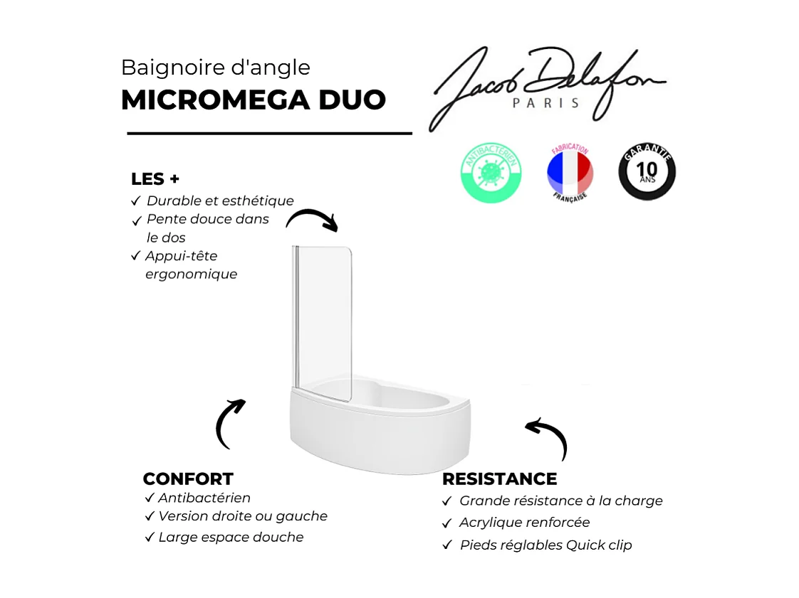 Pack baignoire d'angle 150 x 100 cm JACOB DELAFON Micromega Duo version droite  + tablier de baignoire + pare bain