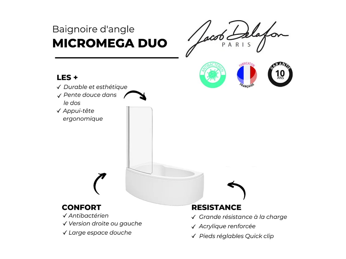 Pack baignoire d'angle 150 x 100 cm JACOB DELAFON Micromega Duo version droite  + tablier de baignoire + pare bain