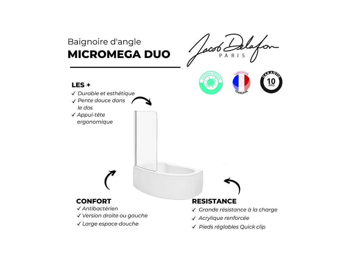 Pack baignoire d'angle 150 x 100 cm JACOB DELAFON Micromega Duo version gauche  + tablier de baignoire + pare bain