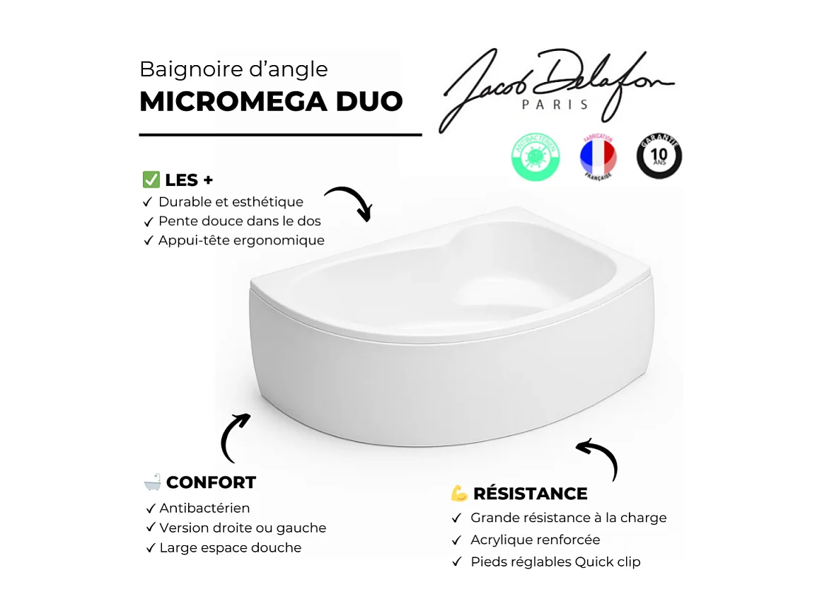Pack baignoire d'angle 150 x 100 cm JACOB DELAFON Micromega Duo version gauche  + tablier de baignoire + pare bain