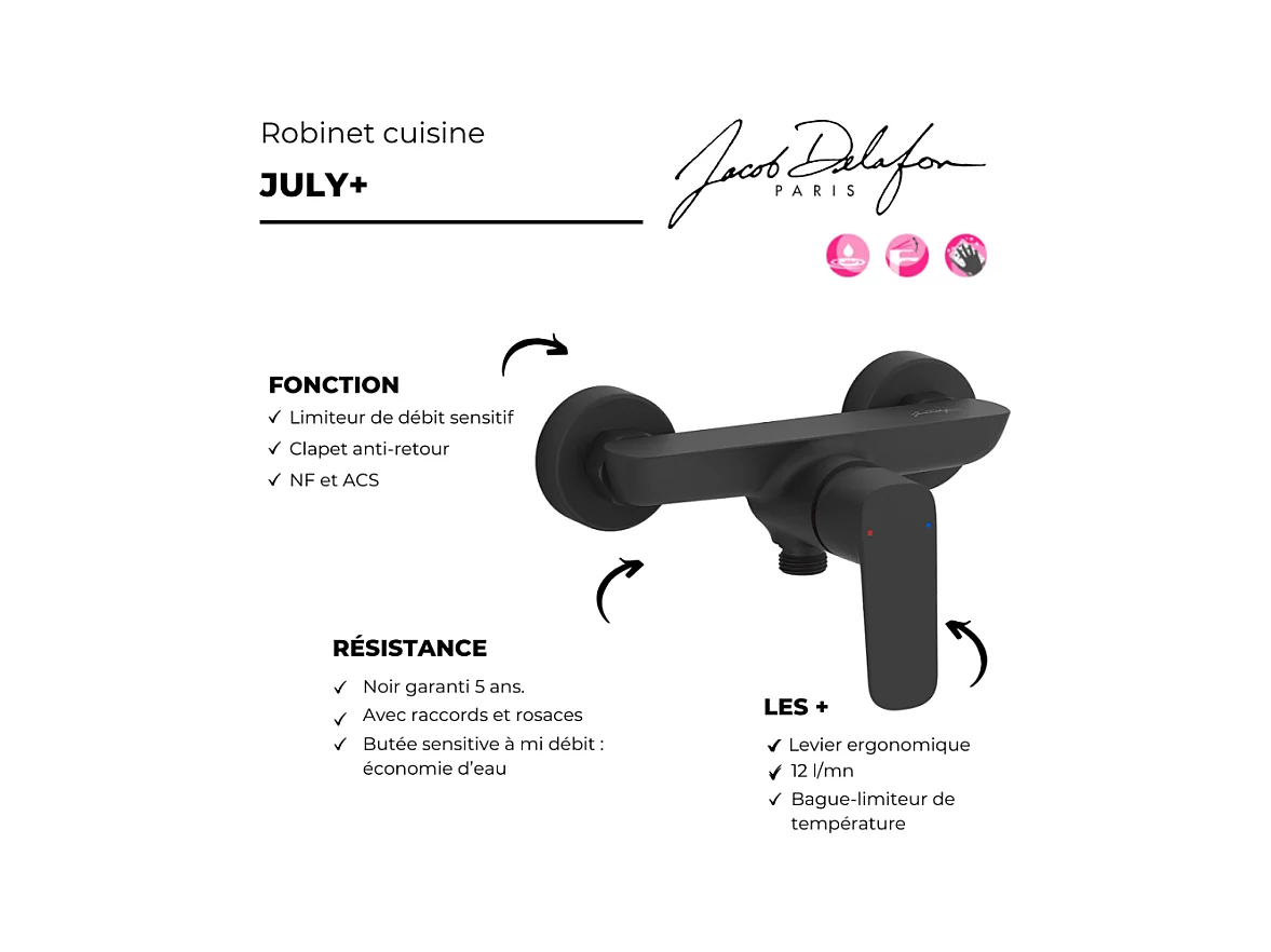 Mitigeur douche mural JACOB DELAFON July+ noir mat