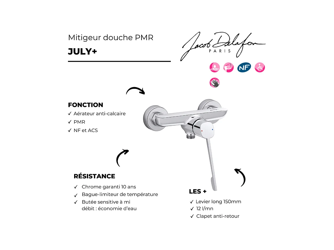 Mitigeur douche mural PMR JACOB DELAFON July+ chromé