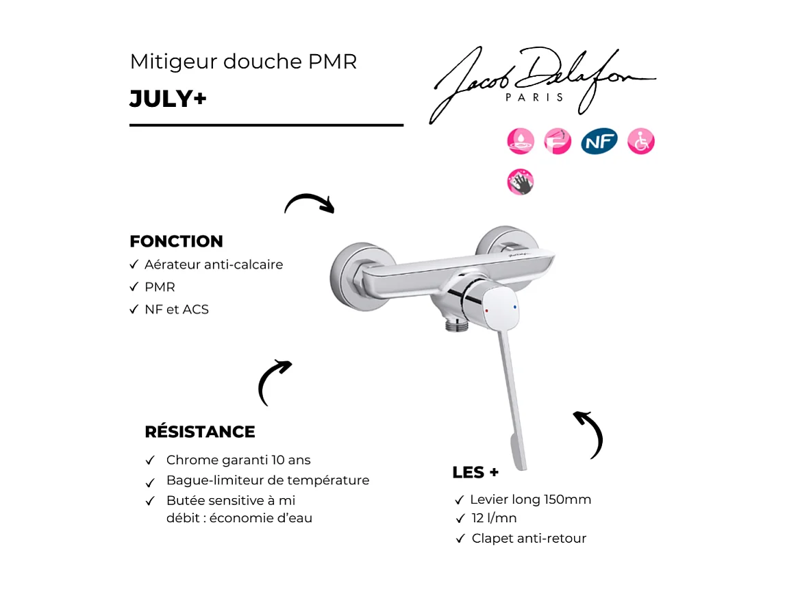 Mitigeur douche mural PMR JACOB DELAFON July+ chromé