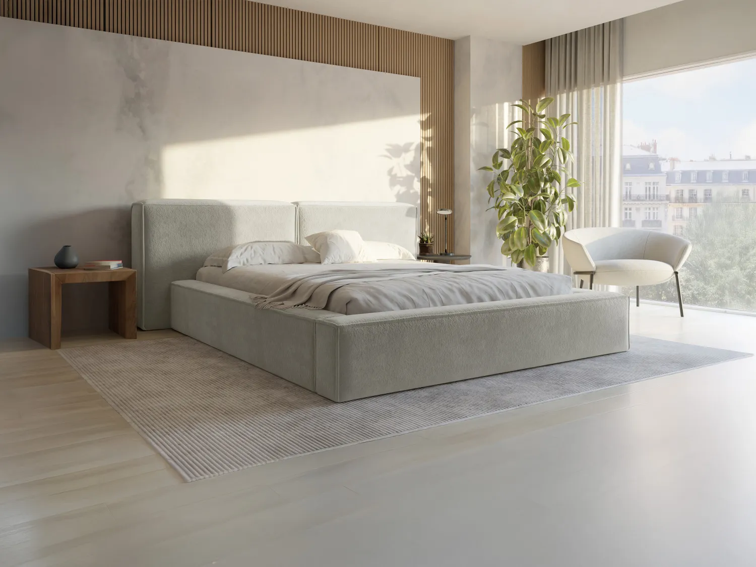 Lit coffre 140 x 190 cm - Tissu bouclette - Beige + Matelas - TIMANO de Pascal Morabito
