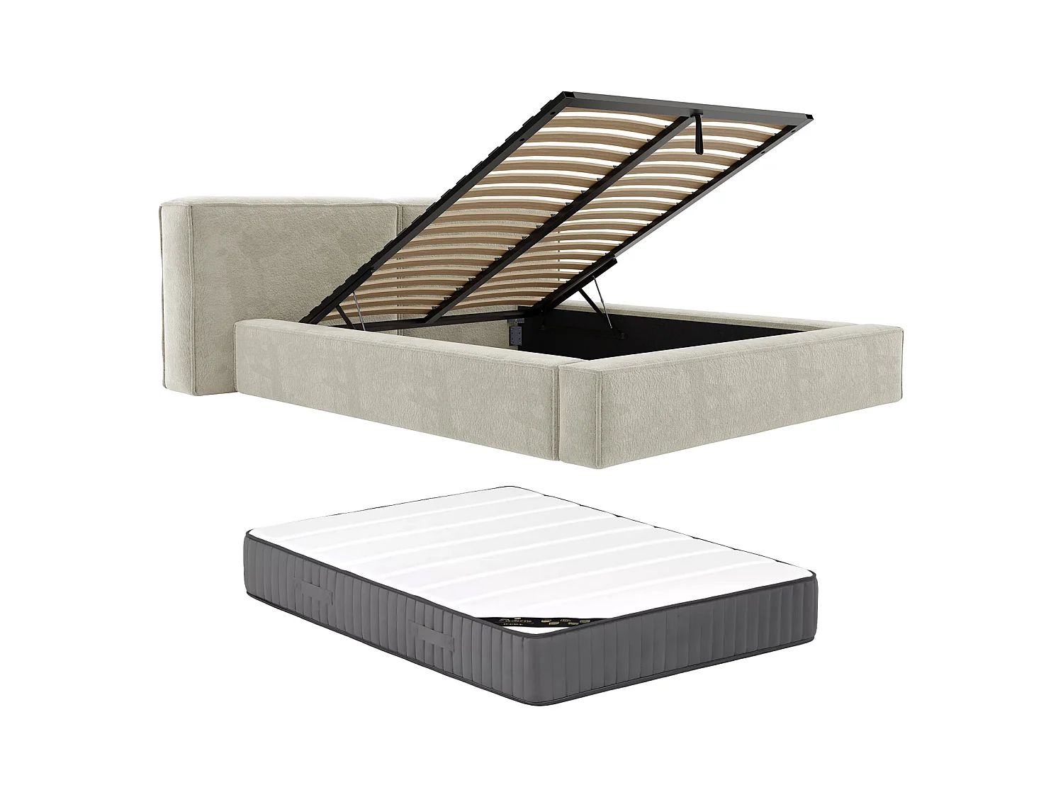 Lit coffre 160 x 200 cm - Tissu bouclette - Beige + Matelas - TIMANO de Pascal Morabito