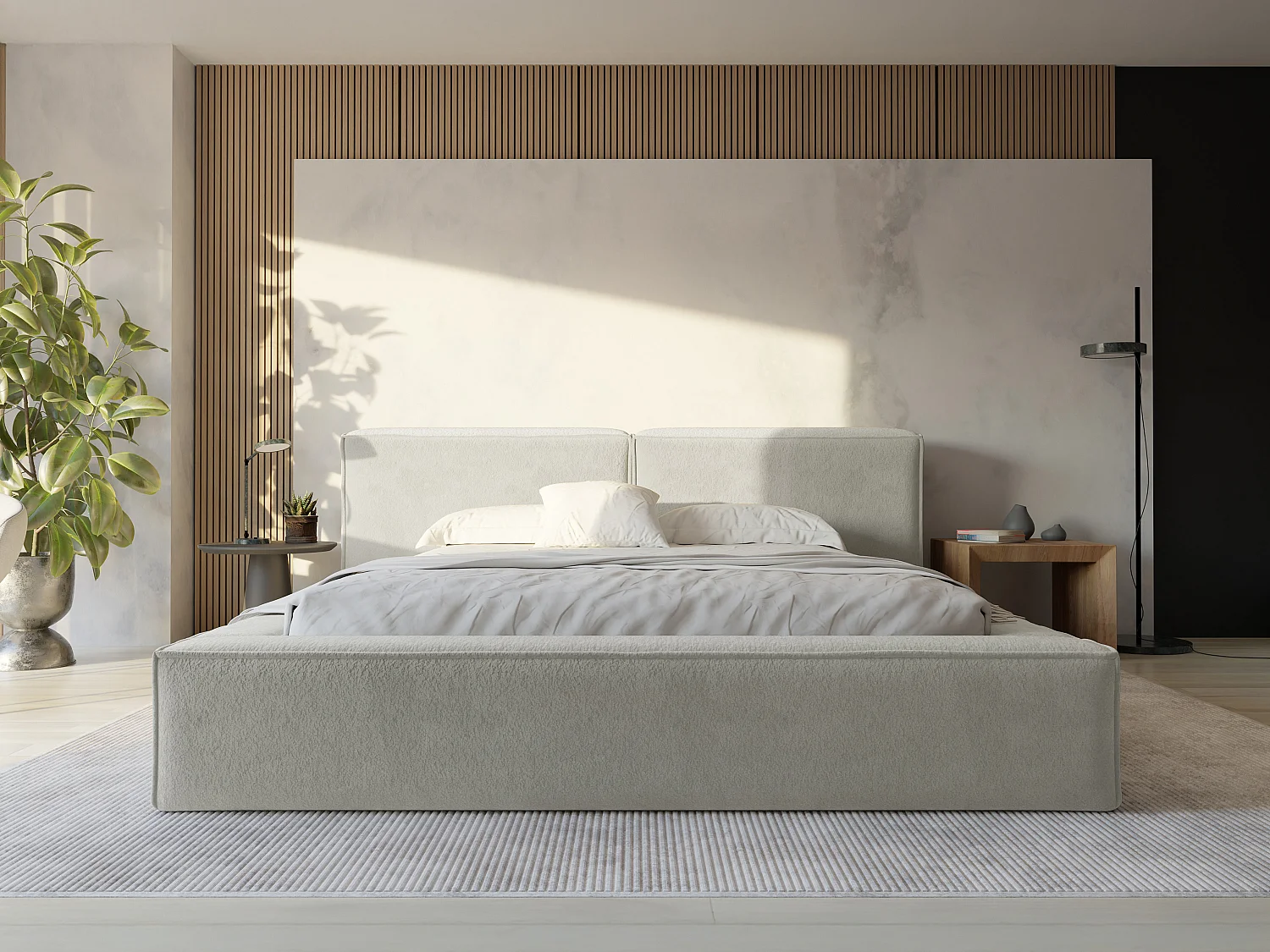 Lit coffre 160 x 200 cm - Tissu bouclette - Beige + Matelas - TIMANO de Pascal Morabito