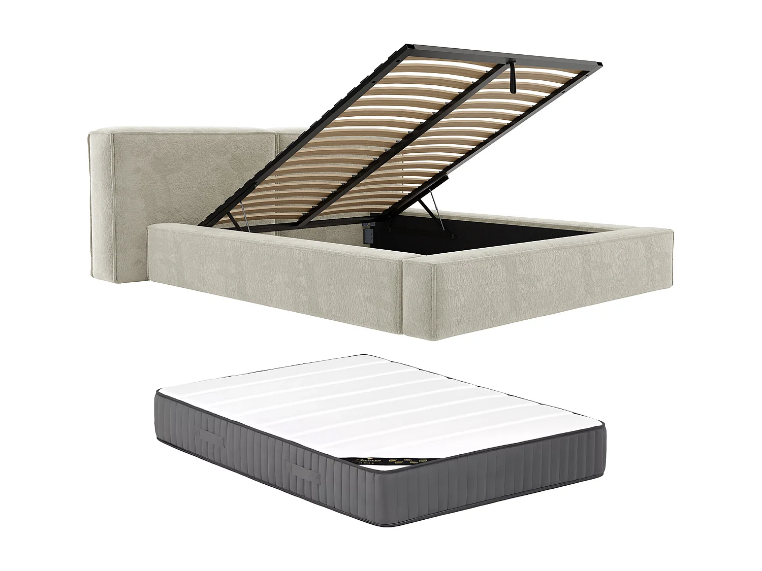 Lit coffre 180 x 200 cm - Tissu bouclette - Beige + Matelas - TIMANO de Pascal Morabito