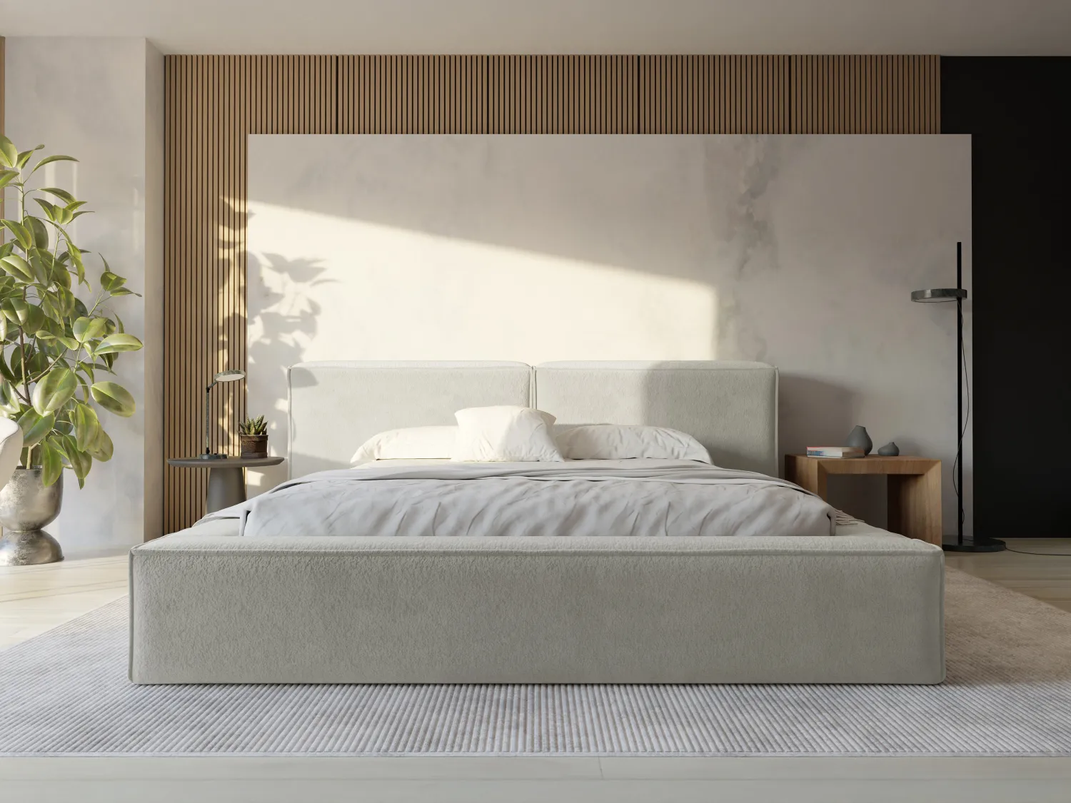 Lit coffre 200 x 200 cm - Tissu bouclette - Beige - TIMANO de Pascal Morabito