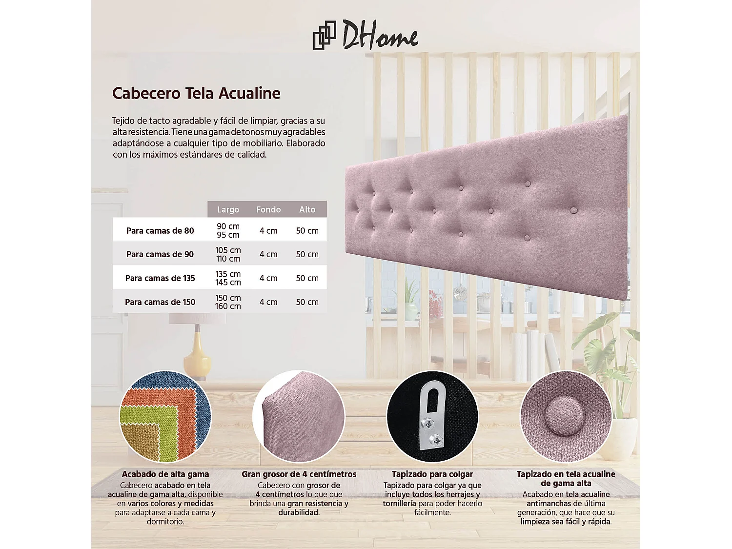 DHOME Tête de Lit en Tissu ACUALINE avec 3 Rangées Entrelacées de Boutons Tête de Lit Capitonnée de Luxe(Salmón, 135cm)