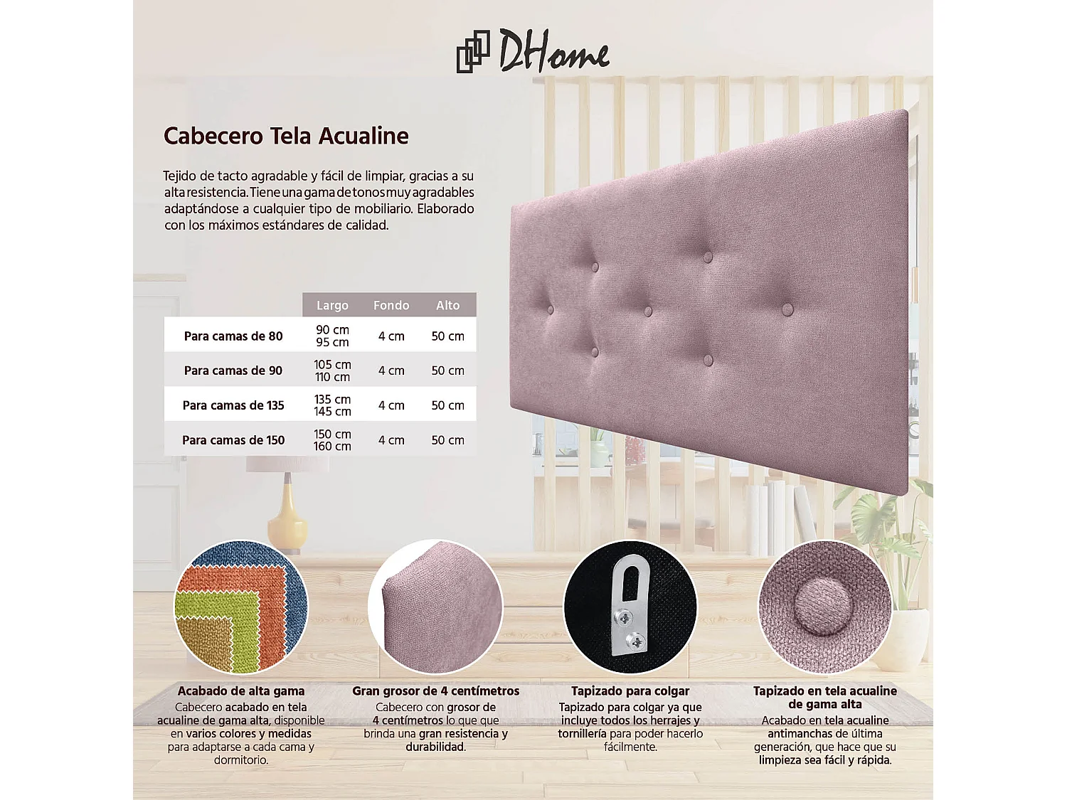 DHOME Tête de Lit en Tissu ACUALINE avec 3 Rangées Entrelacées de Boutons Tête de Lit Capitonnée de Luxe(Salmón, 105cm)