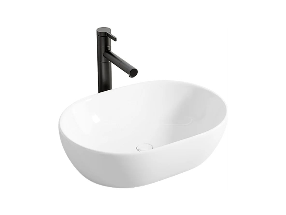 Umywalka nablatowa, ceramiczna, biała, owalna, połysk 49 x 35 cm