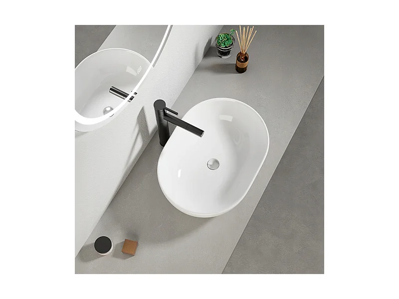 Umywalka nablatowa, ceramiczna, biała, owalna, połysk 49 x 35 cm