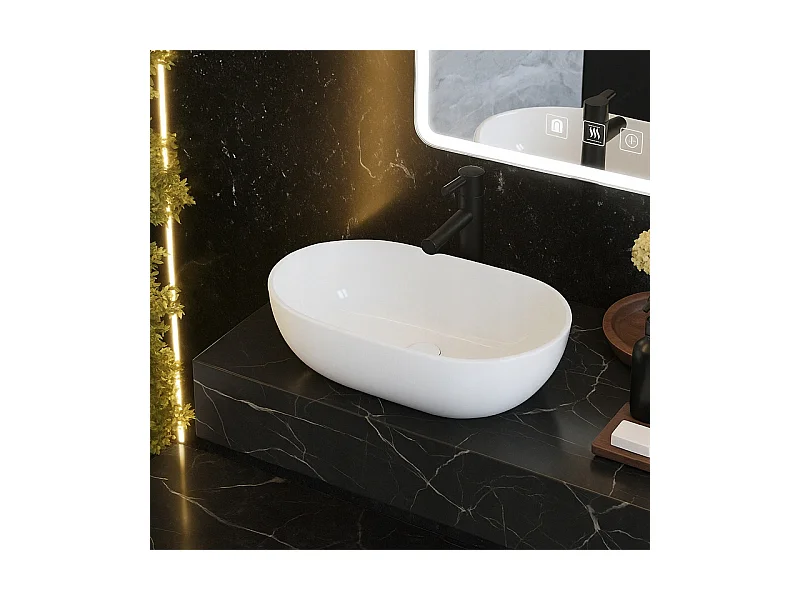 Umywalka nablatowa, ceramiczna, biała, owalna, połysk 49 x 35 cm