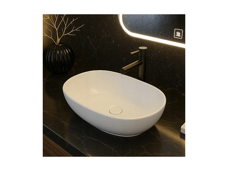 Umywalka nablatowa, ceramiczna, biała, owalna, połysk 49 x 35 cm