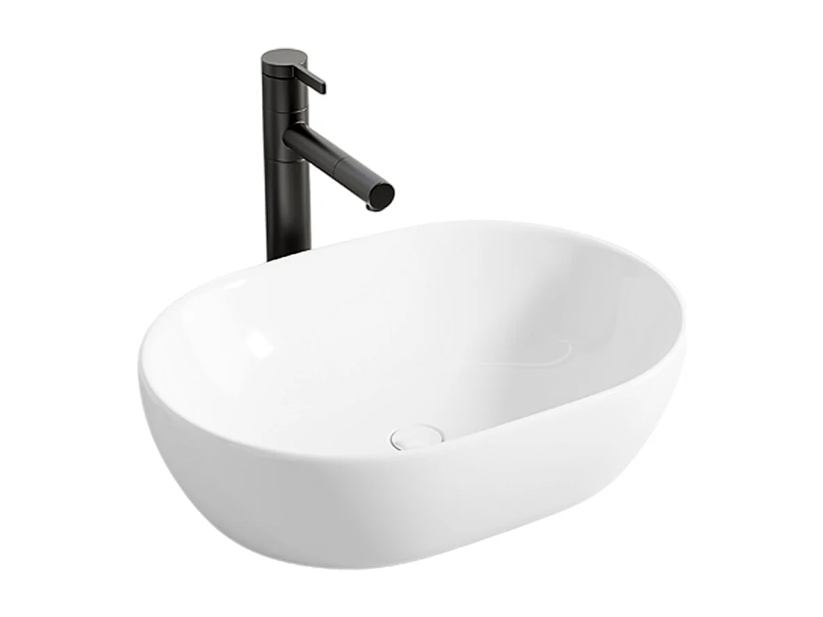 Umywalka nablatowa, ceramiczna, biała, owalna, połysk 49 x 35 cm