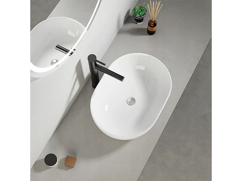 Umywalka nablatowa, ceramiczna, biała, owalna, połysk 49 x 35 cm