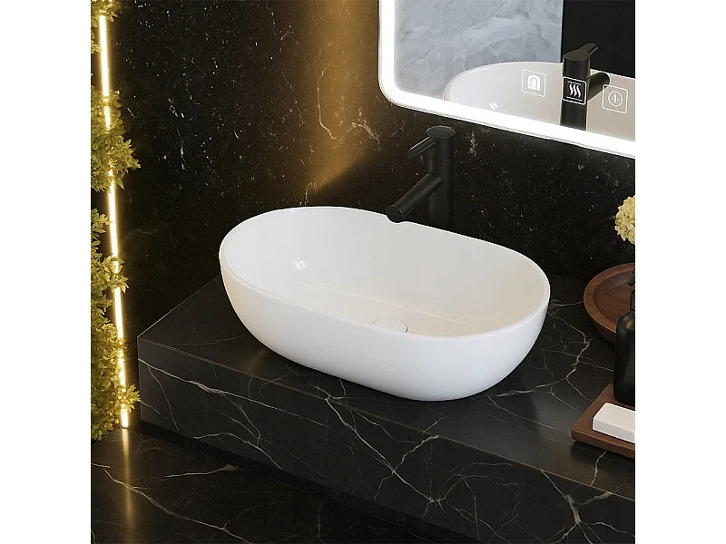Umywalka nablatowa, ceramiczna, biała, owalna, połysk 49 x 35 cm