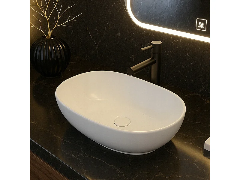 Umywalka nablatowa, ceramiczna, biała, owalna, połysk 49 x 35 cm