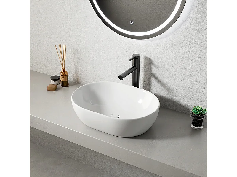 Umywalka nablatowa, ceramiczna, biała, owalna, połysk 49 x 35 cm