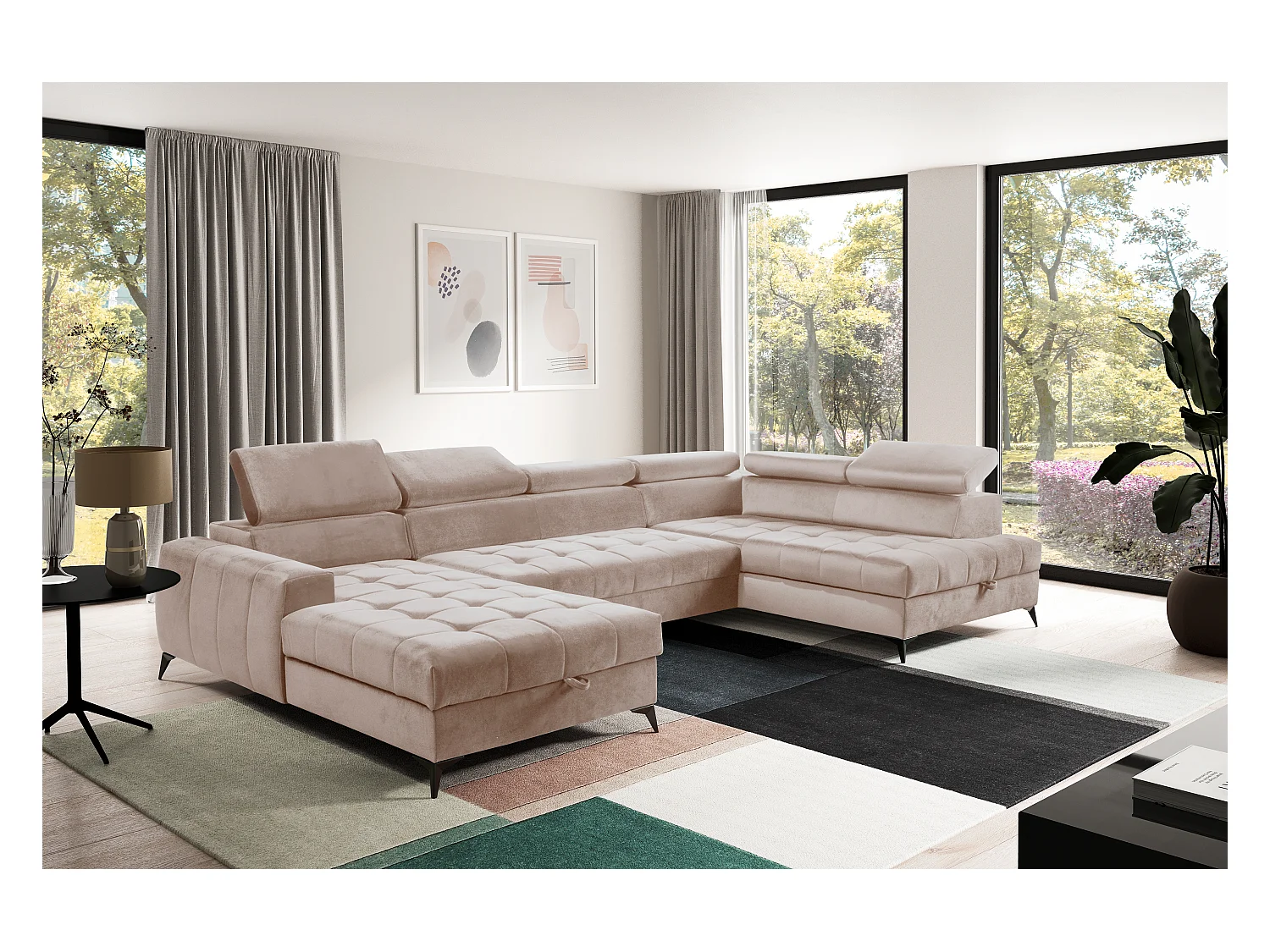AX LIVING Beige Eckcouch mit Schlaffunktion Arkucio U 345 cm Ecksofa L