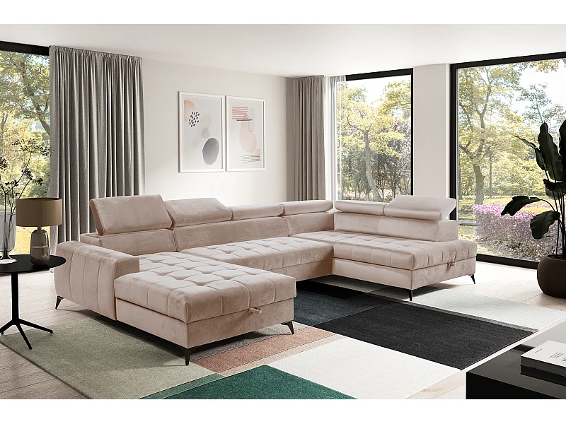 AX LIVING canapé d’angle beige avec fonction de couchage Arkucio U 345 cm G