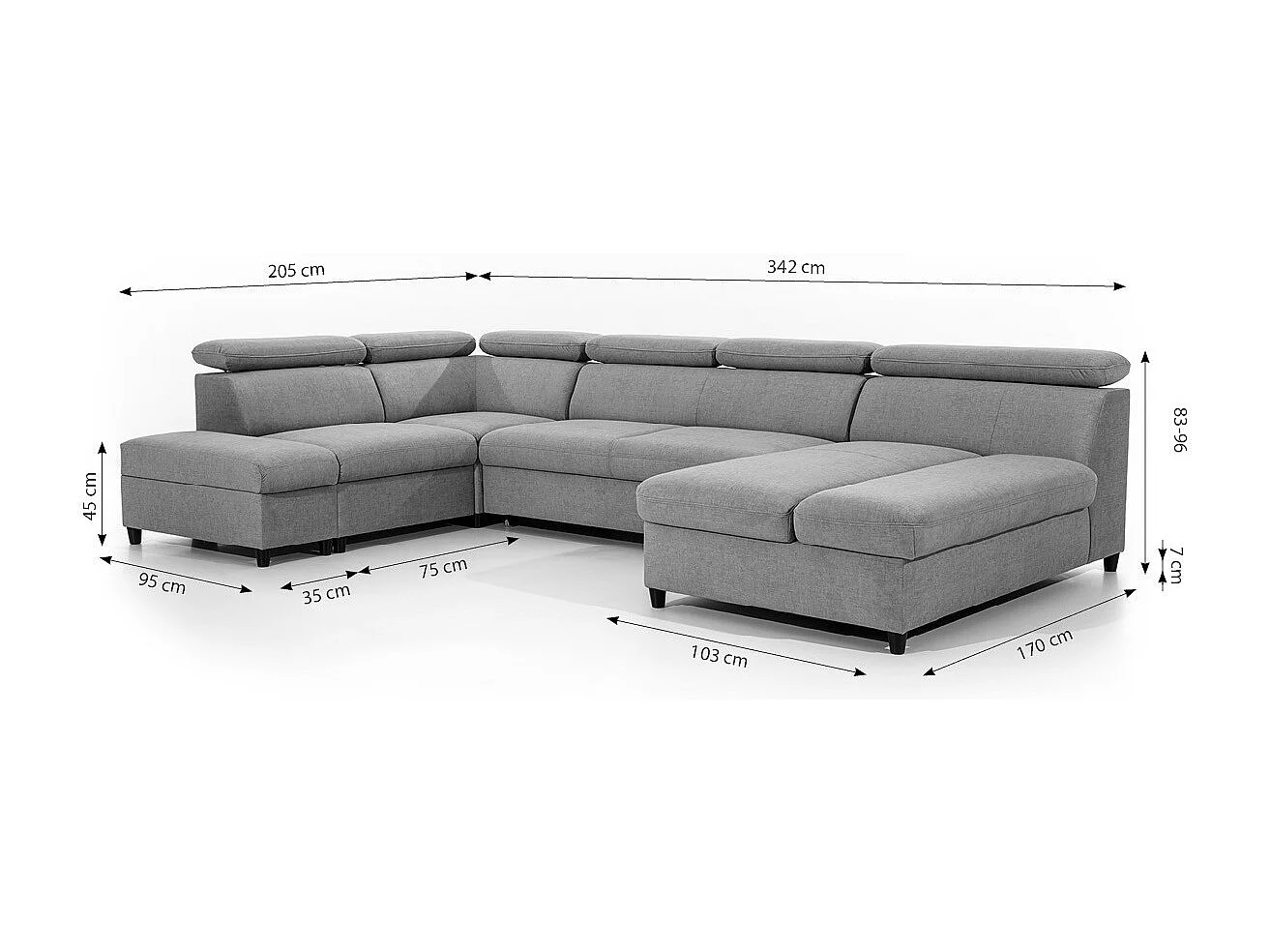 AX LIVING U Sofa mit Schlaffunktion Olettio 342 cm Grau R