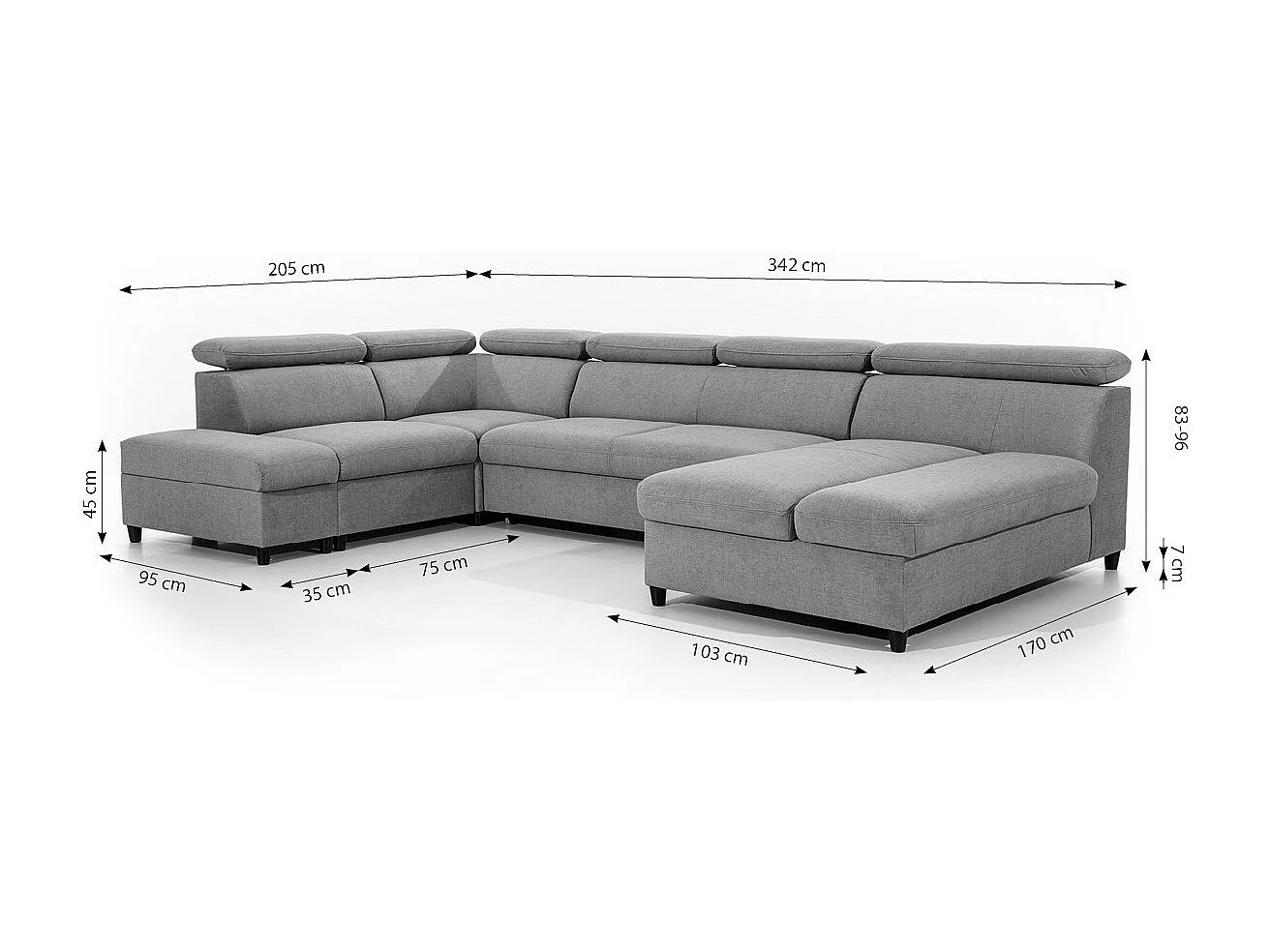 AX LIVING U Sofa mit Schlaffunktion Olettio 342 cm Grau L