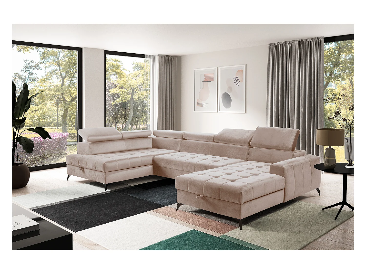 AX LIVING Beige Eckcouch mit Schlaffunktion Arkucio U 345 cm Ecksofa R