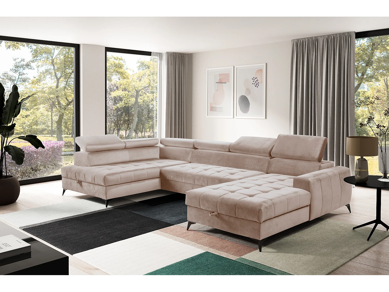 AX LIVING Beige Eckcouch mit Schlaffunktion Arkucio U 345 cm Ecksofa R
