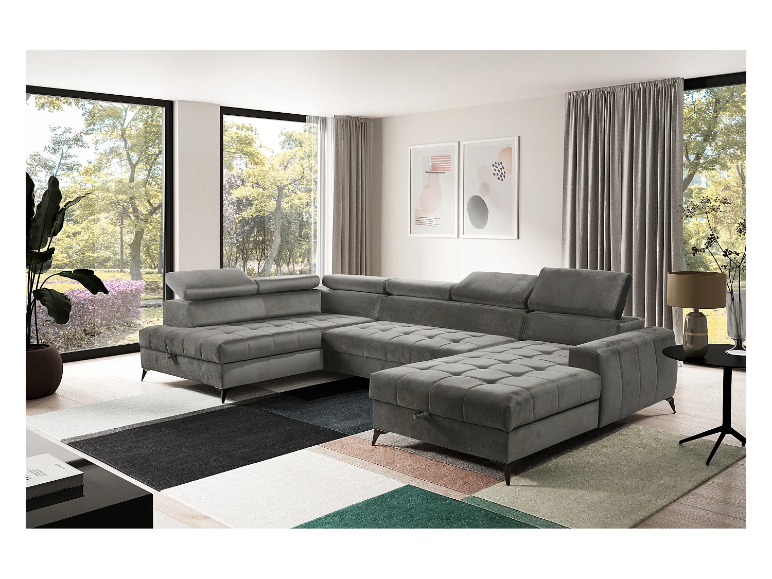 AX LIVING Grau Eckcouch mit Schlaffunktion Arkucio U 345cm modernes R