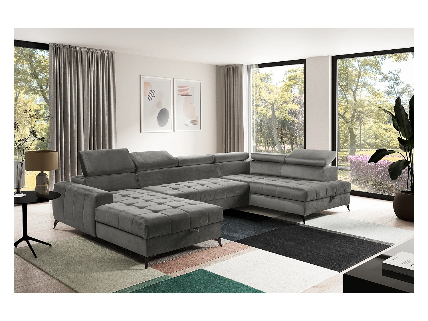 AX LIVING Grau Eckcouch mit Schlaffunktion Arkucio U 345cm modernes L