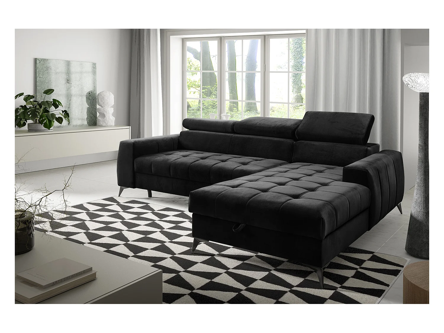 AX LIVING Schwarze Eckcouch mit Schlaffunktion Arkucio Mini 260 cm R