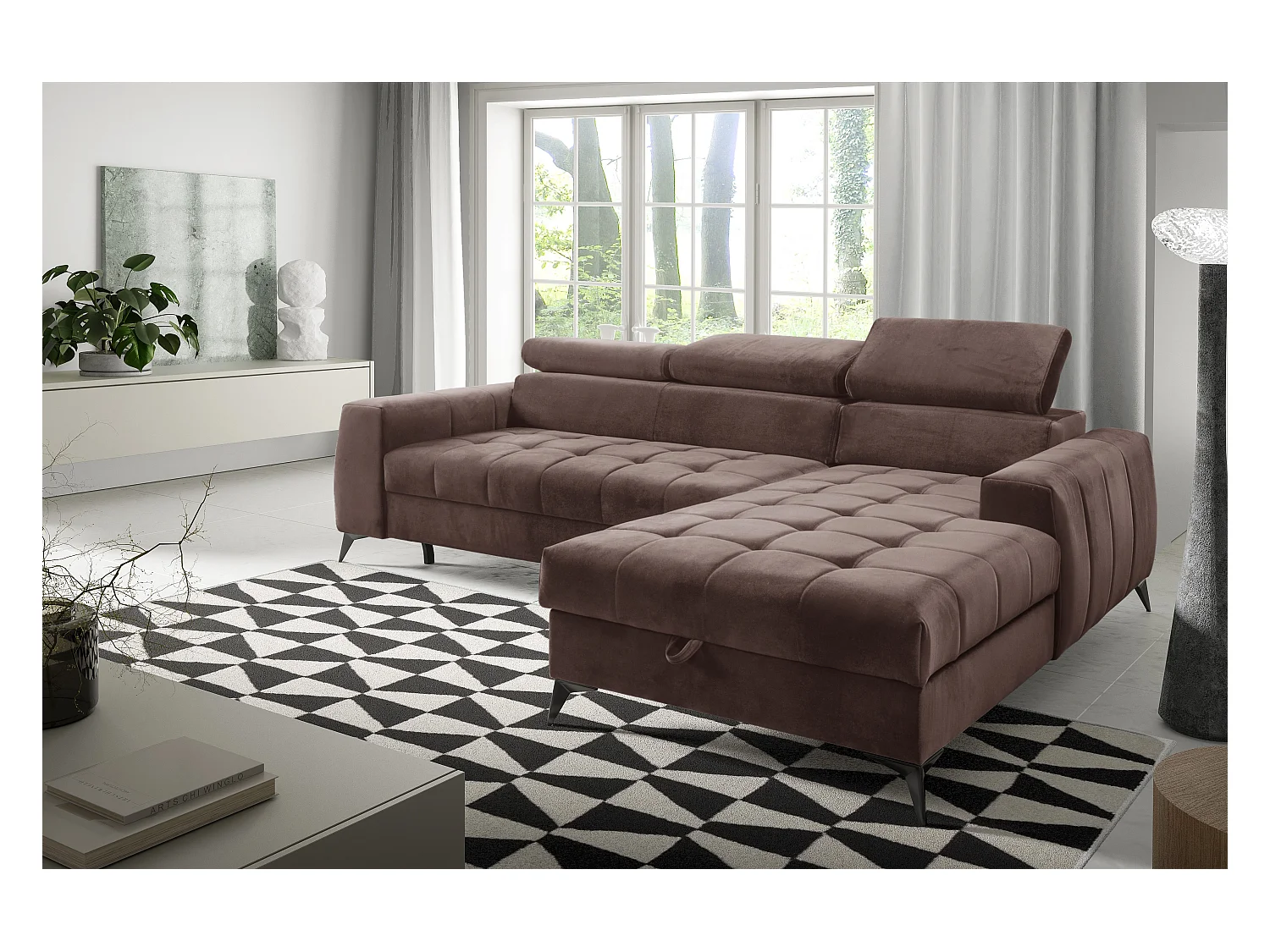 AX LIVING Braun Eckcouch mit Schlaffunktion Arkucio Mini 260 cm R