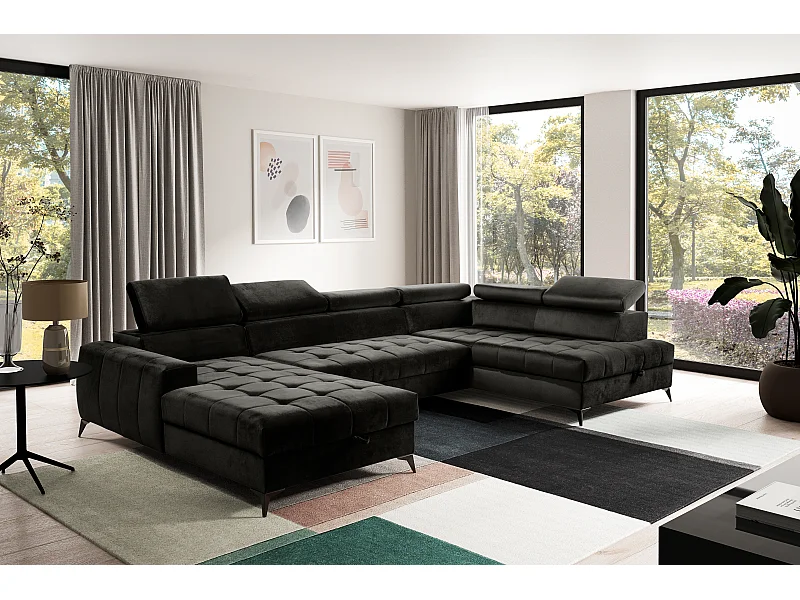 AX LIVING Schwarze Eckcouch mit Schlaffunktion Arkucio U 345cm Breite L