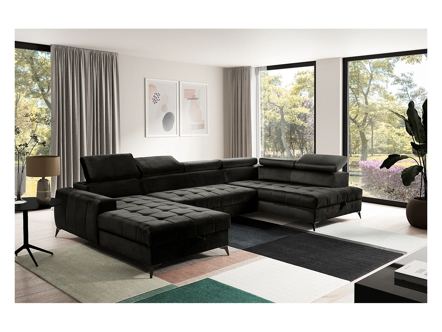 AX LIVING Schwarze Eckcouch mit Schlaffunktion Arkucio U 345cm Breite L
