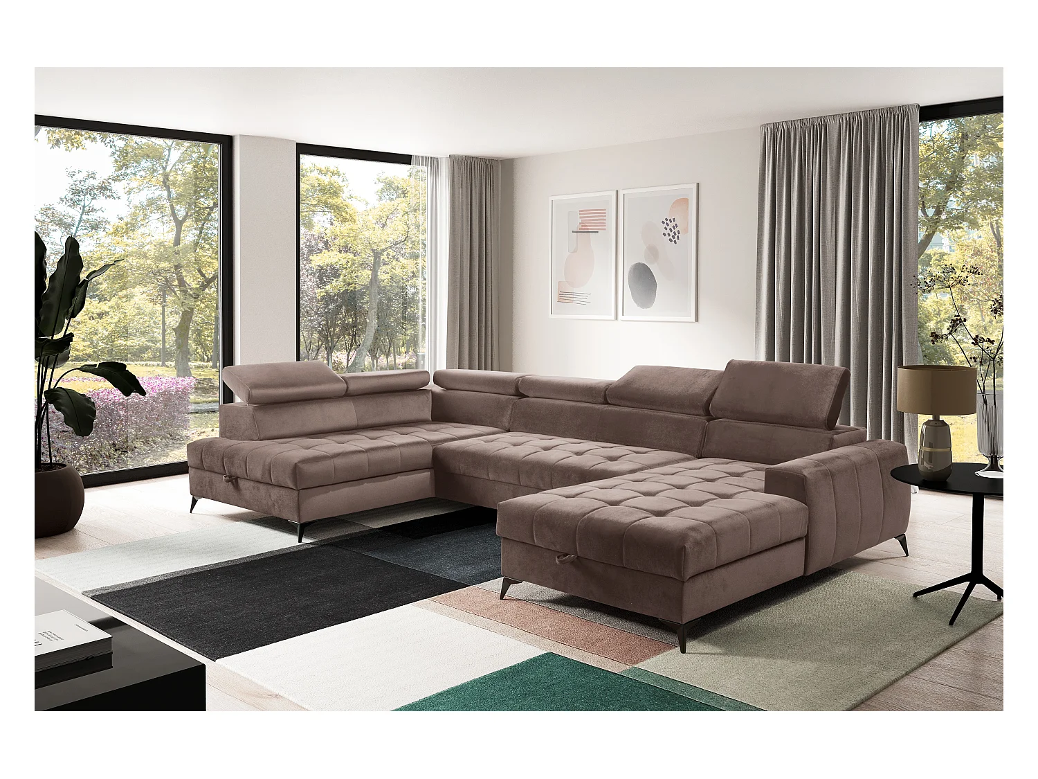 AX LIVING Braun Eckcouch mit Schlaffunktion Arkucio U 345cm modernes R