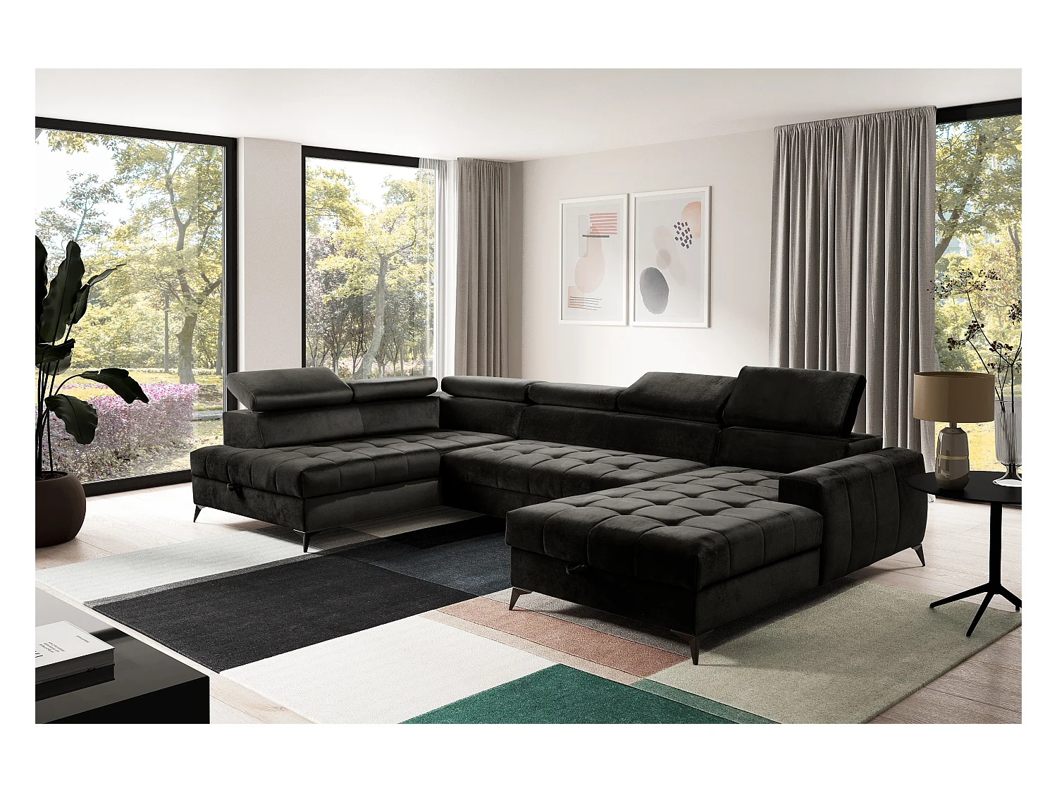 AX LIVING Schwarze Eckcouch mit Schlaffunktion Arkucio U 345cm Breite R