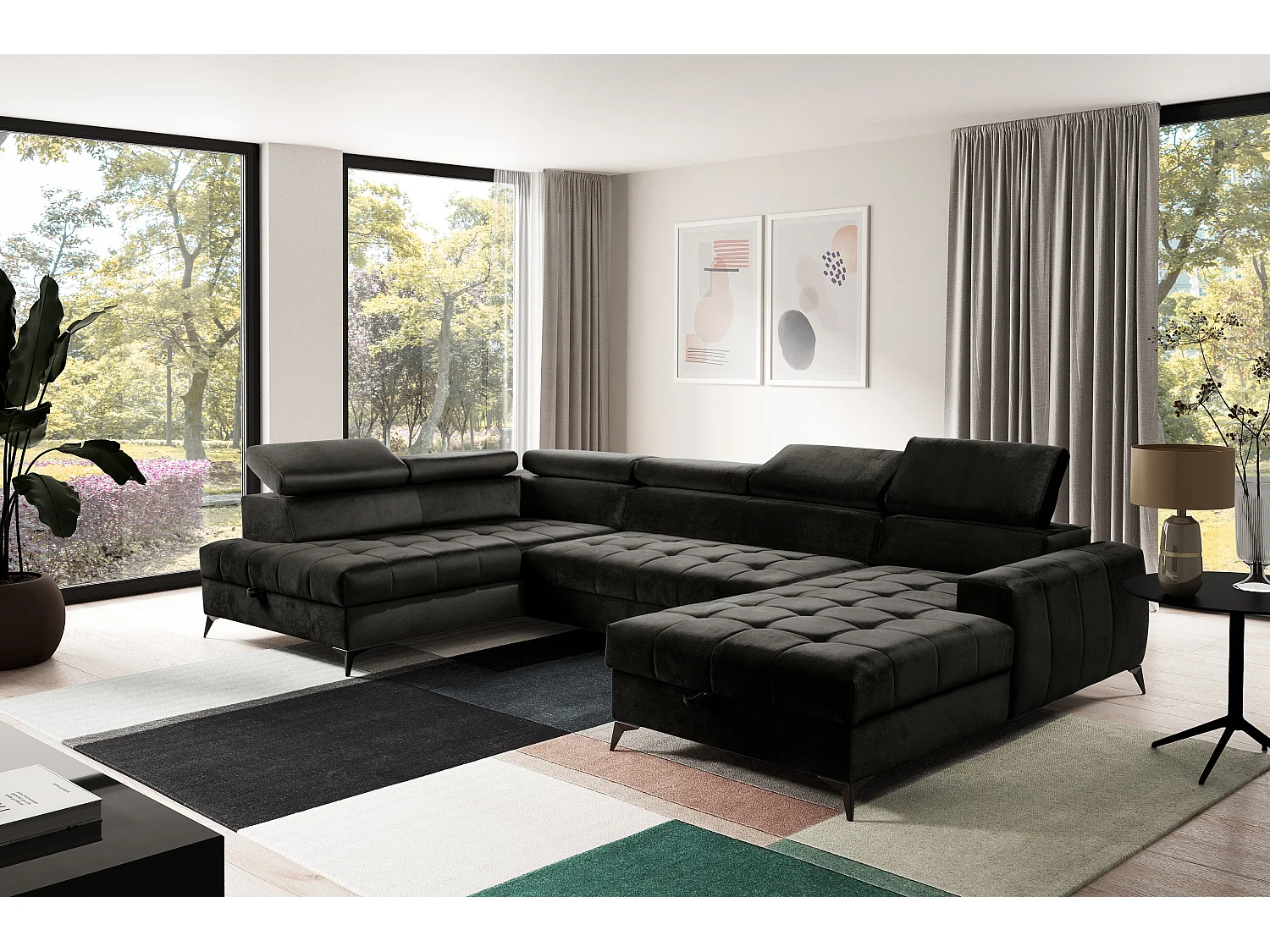 AX LIVING Schwarze Eckcouch mit Schlaffunktion Arkucio U 345cm Breite R