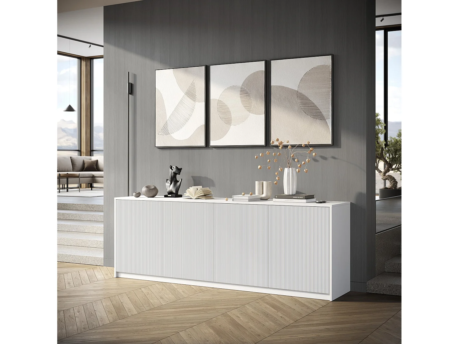 Küchenschrank Buffet 4-türig geriffelt 238x50x83cm Budapest BF - Weiß