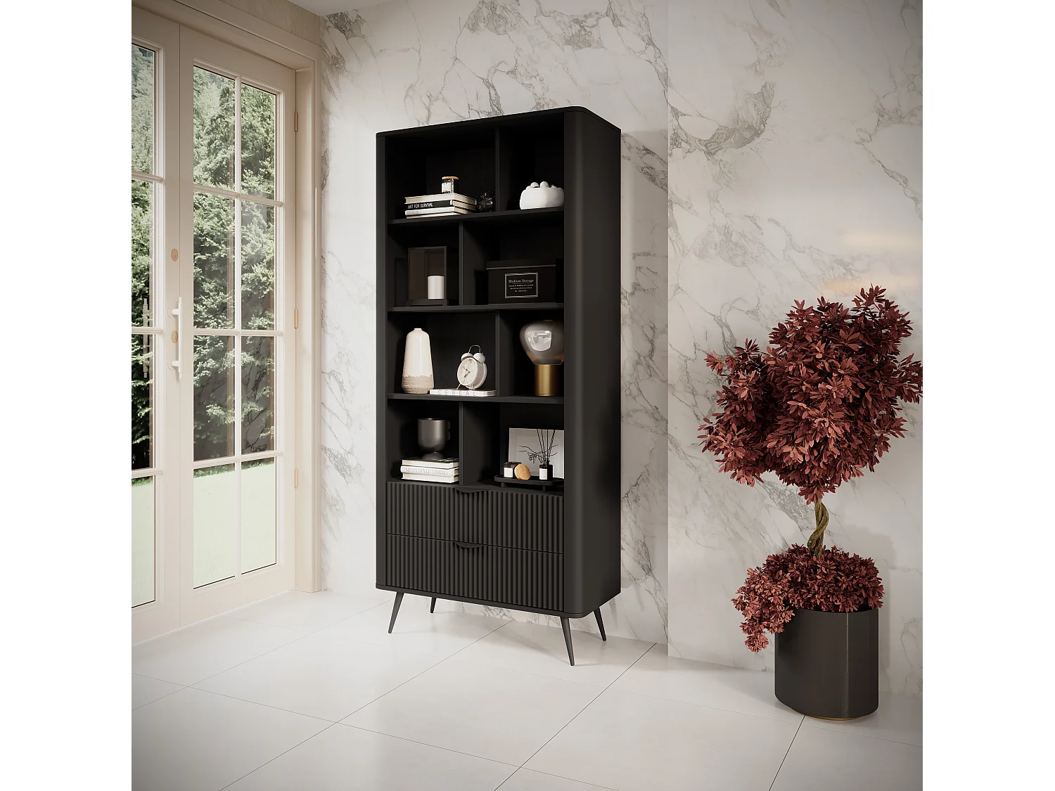 AX LIVING Bibliothèque moderne ouverte noire Vespasia 88,2 x 193,8 cm