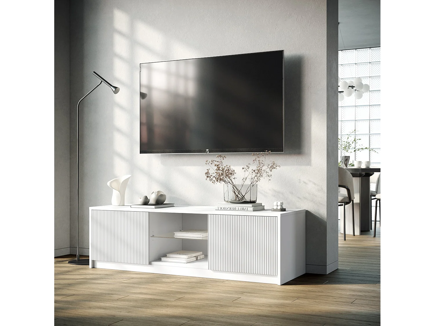TV-Ständerschrank modern mit gerillten Fronttüren 150x50x45cm Budapest - Weiß