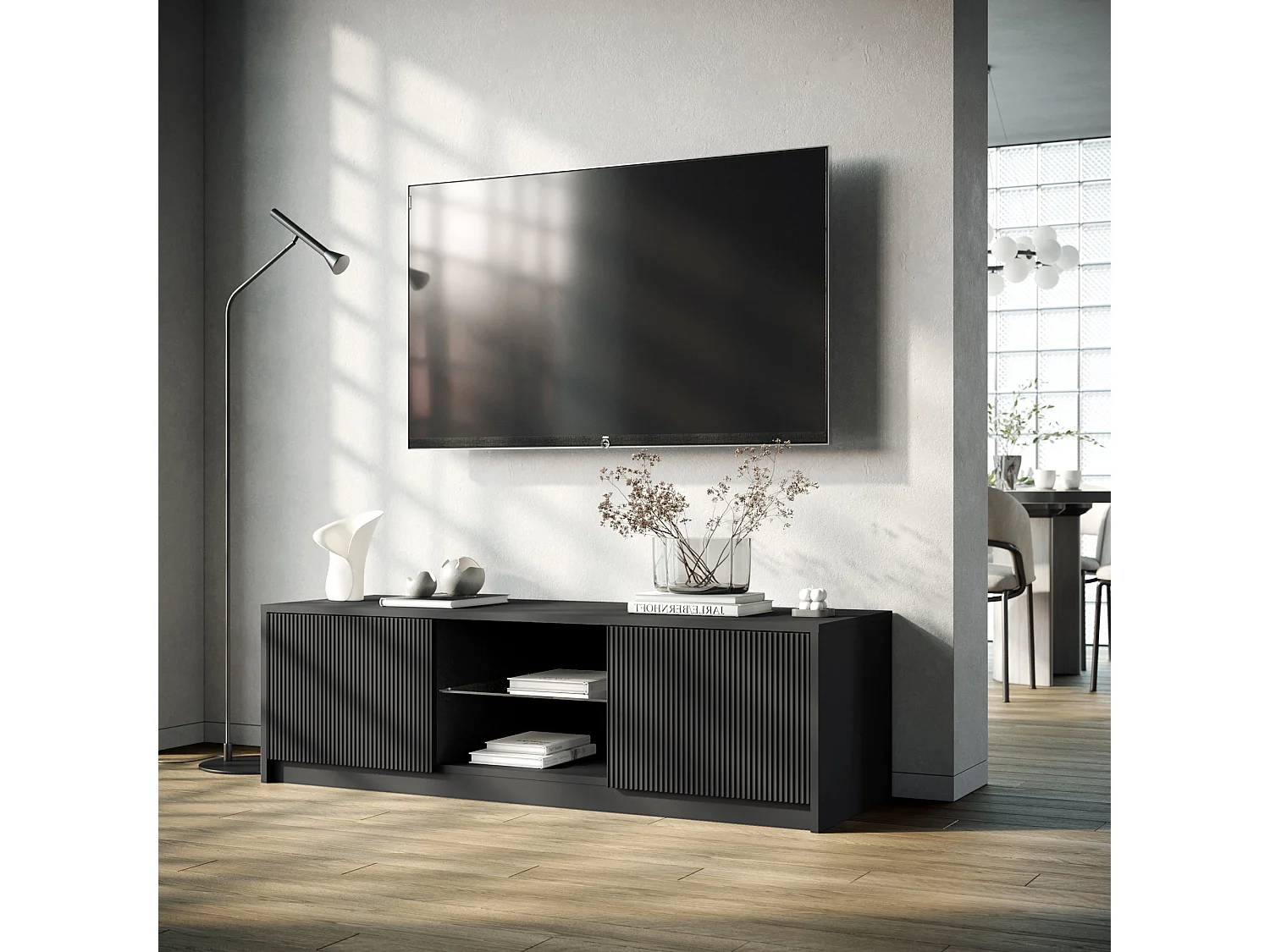 Mueble para TV moderno con frentes ranurados 150x50x45cm Budapest - Negro