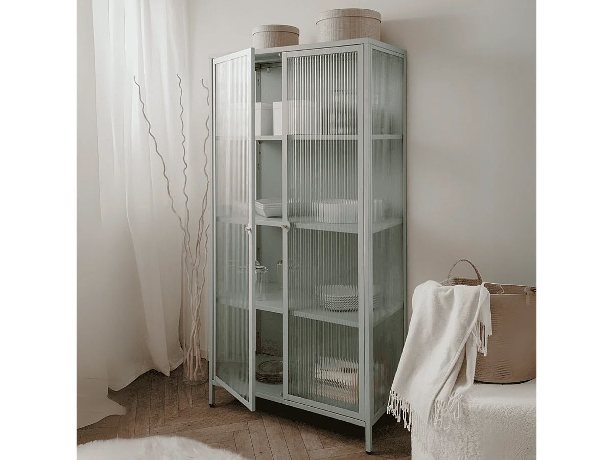 Vetrina in vetro scanalato temperato e acciaio laminato verde menta 2 ante Milton52A 80x40x160H