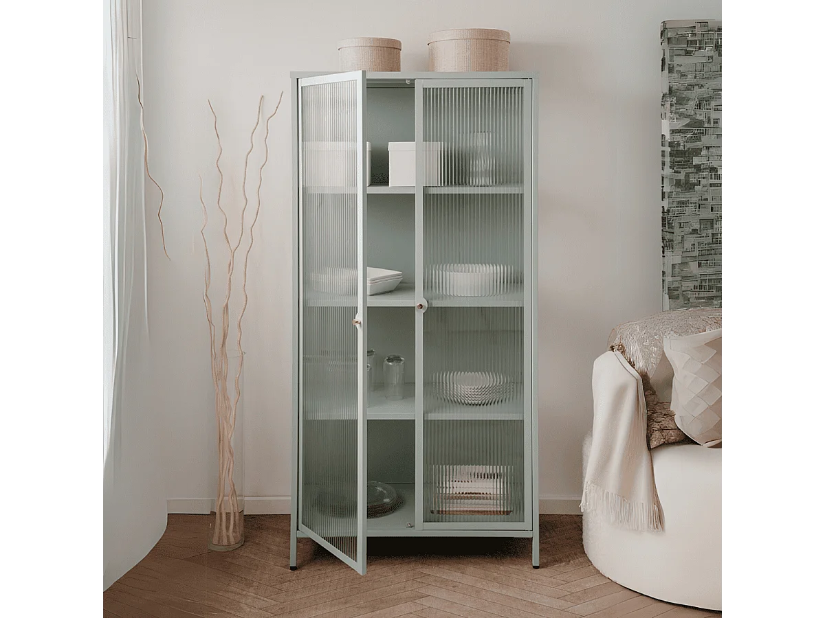 Vetrina in vetro scanalato temperato e acciaio laminato verde menta 2 ante Milton52A 80x40x160H