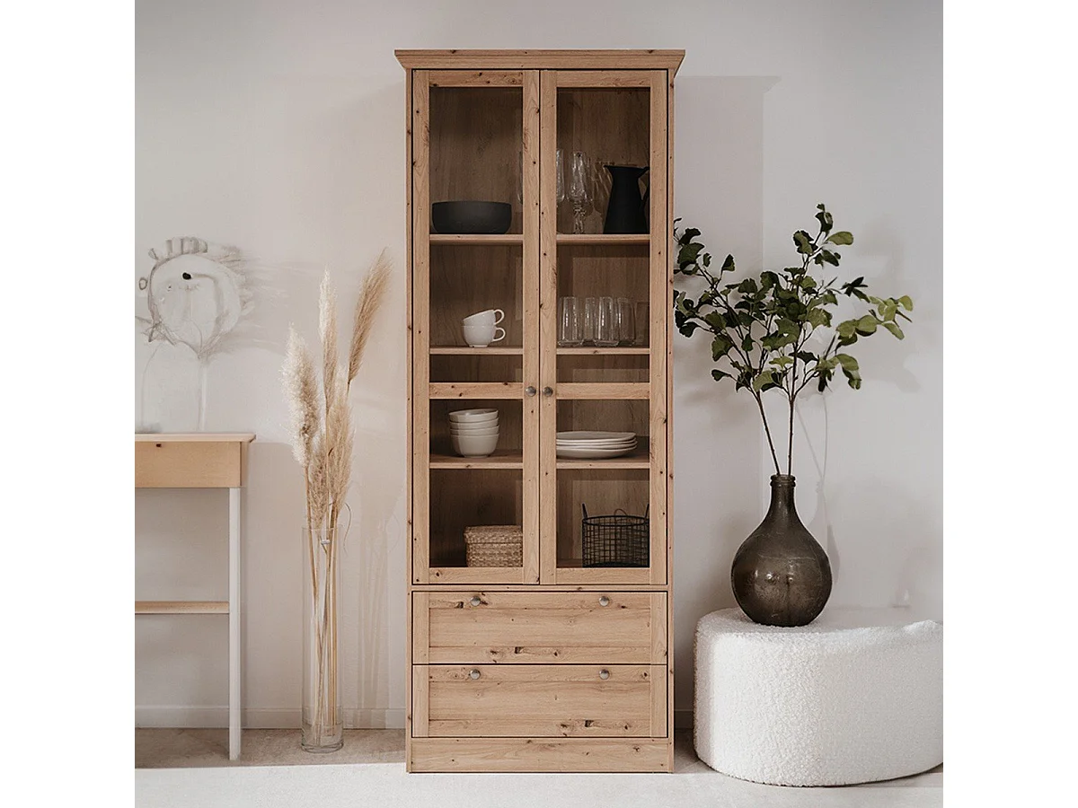 Vitrine avec 2 portes vitrées et 2 tiroirs L80 cm - TIMBER