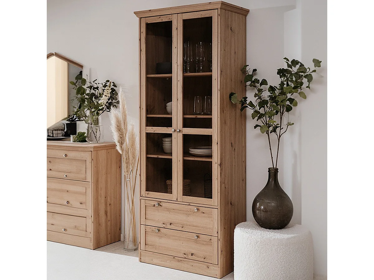 Vitrine avec 2 portes vitrées et 2 tiroirs L80 cm - TIMBER