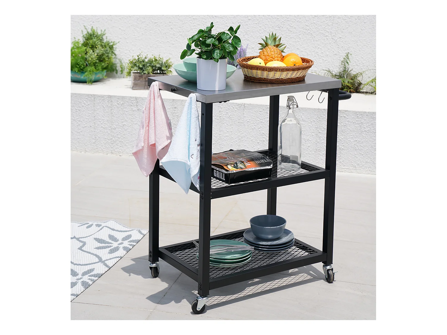Chariot de barbecue TAINO NETIS, support de barbecue roulant avec roulettes, noir