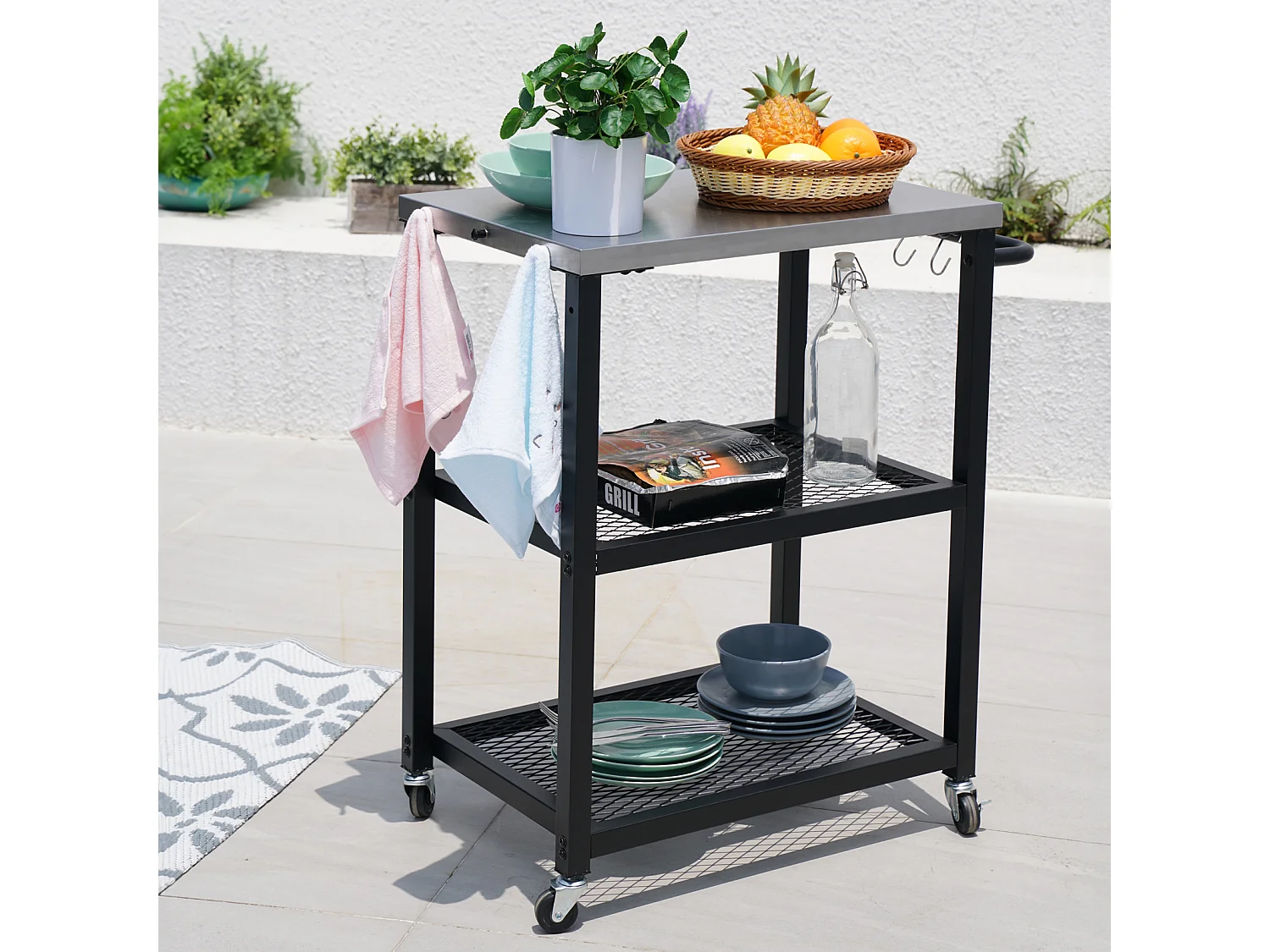 Chariot de barbecue TAINO NETIS, support de barbecue roulant avec roulettes, noir