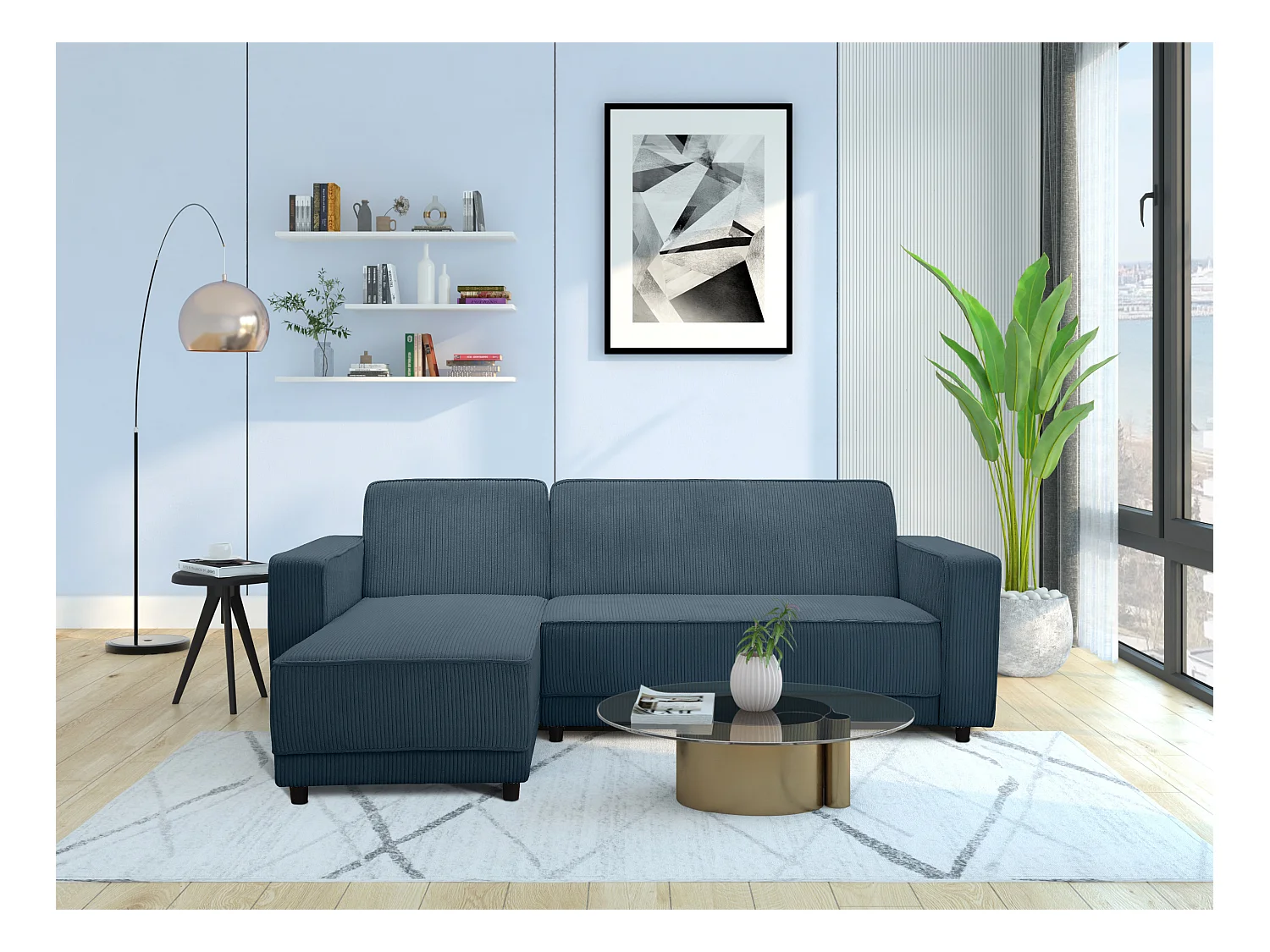 Allie | Slaapbank L-vorm in blauwe stof